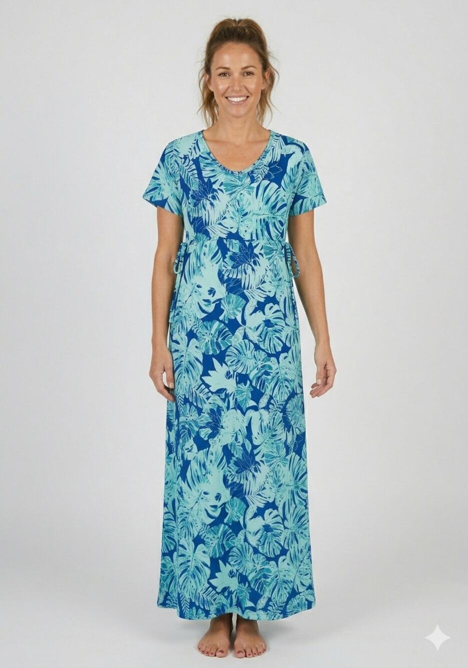 UV Skinz Womens Blue Tropical UPF 50+ Sunwear Sun Dress Short Sleeve Size Small